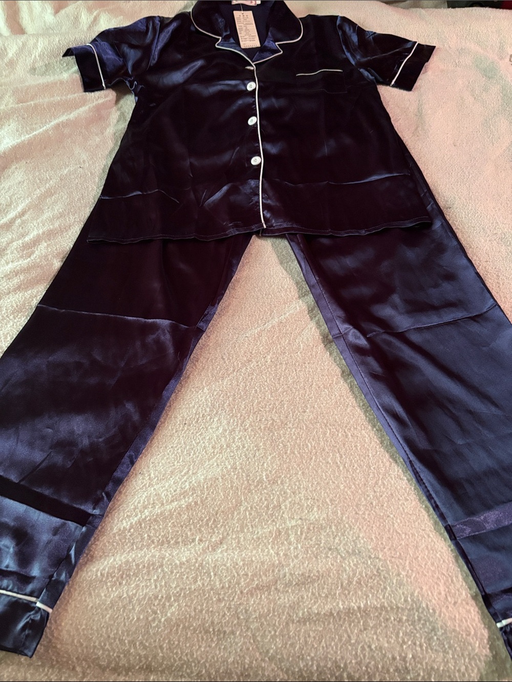 Lvqinlin Satin Pajama Set Navy Button Front Long Pants NWT Size L